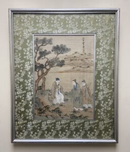 Original Asian Watercolor on Silk with Green Silk Mat