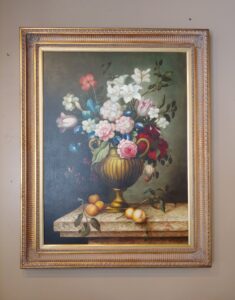 Original Floral Still Life with Roses and Irises Signed Telle