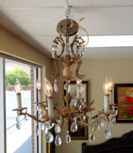 Mid-Century Solid Brass and Crystal Chandelier