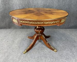 Oversized French Bronze Adorned Drum Table with Sunburst Top