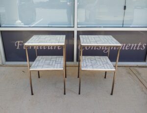 Pair of Geometric Marble Top End Tables with Metal Bases