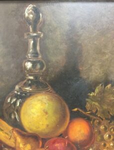 Original Signed Still Life of Fruit and Decanter, Oil on Board by Manuel Solorzene