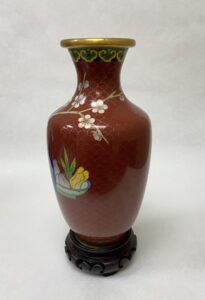 Vintage Brick Red Cloisonne Vase on Wooden Stand