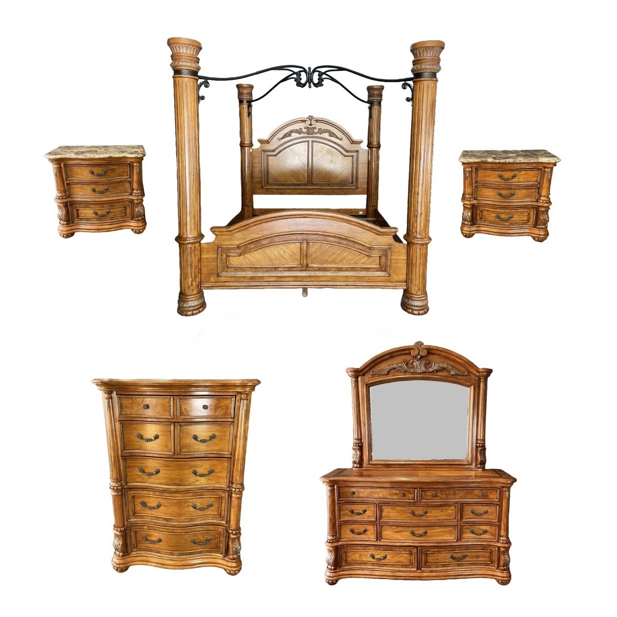 5 Piece Burl Walnut King Size Bedroom Set