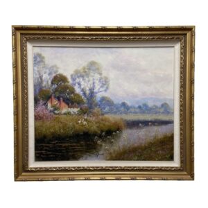 Original Signed Oil on Canvas of Feeding Geese by Stream after Antonio Sannino