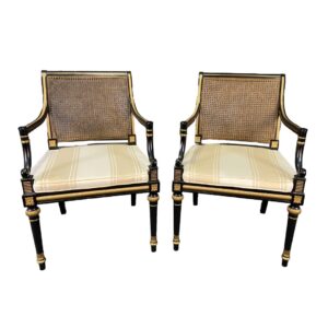 Pair of Baker Furniture Regency Black & Gold Caned Chairs