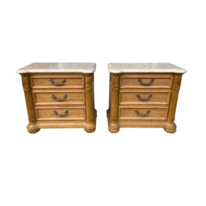 Pair of Thomasville Marble Top Oak Oversized Nightstands