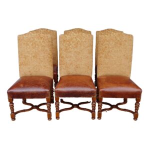 Set of 6 Leather Back Upholstered Solid Oak Dining Chairs