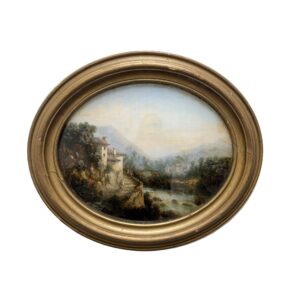 Antique Reverse Painted Landscape in Gold Oval Frame