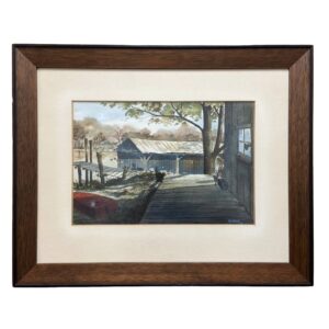 Original 1960s Watercolor of Boathouse and Dock