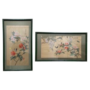 Pair of Chinoiserie Botanicals on Silk with Green Bamboo Frames