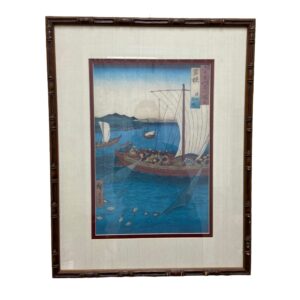 Japanese Print of Fishing Boat in Bamboo Frame