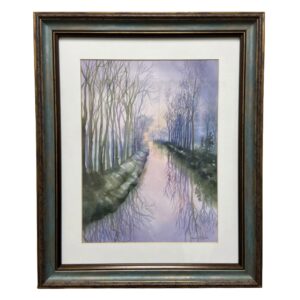 Watercolor of Foggy Forest in Teal and Gold Frame