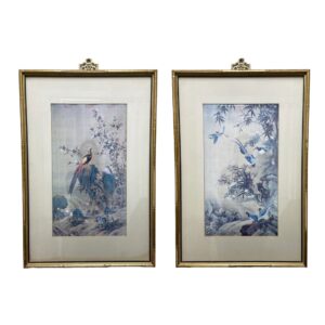 Pair of Oriental Peacock Prints in Faux Bamboo Frames