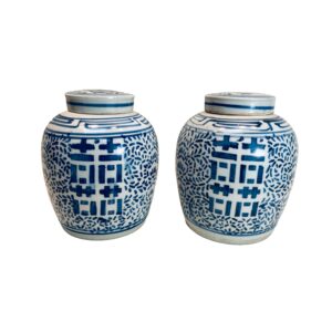 Pair of Chinese Blue and White 'Double Happiness' Jars with Lids