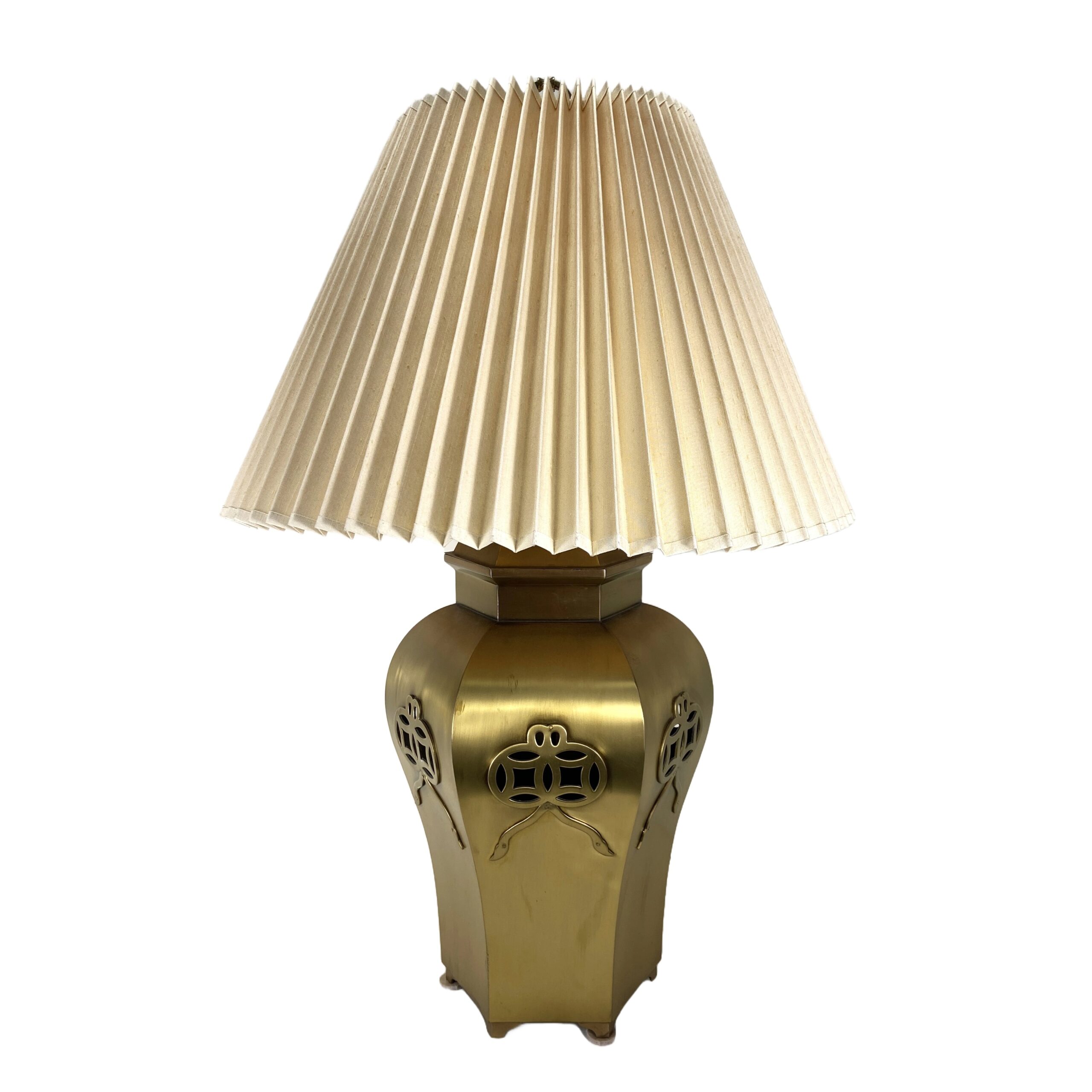 Large Asian Brass Lamp with Pleated Shade