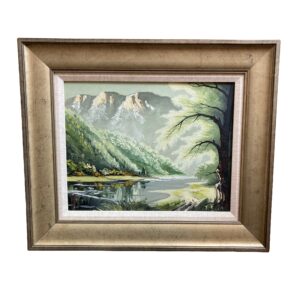 Original Signed Asian Oil on Canvas Painting of Pond and Mountains