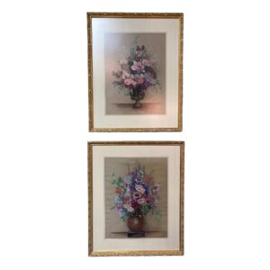 Vintage Pair of Original Floral Pastels on Paper with Custom Mats