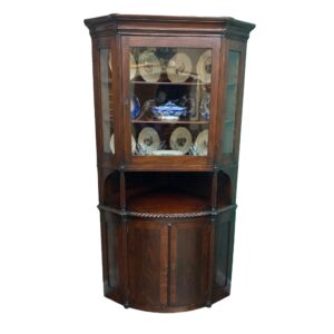 Antique Walnut Two Part Glass Door Corner Cabinet with Rounded Front