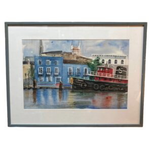 Vintage Original Watercolor of European Canal Scene with Tugboat