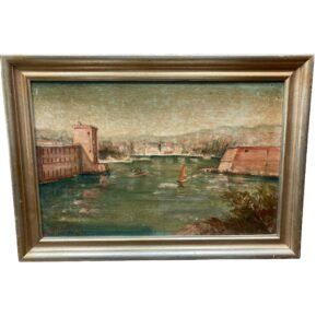 Antique Original Oil on Board Painting of European Lake Scene